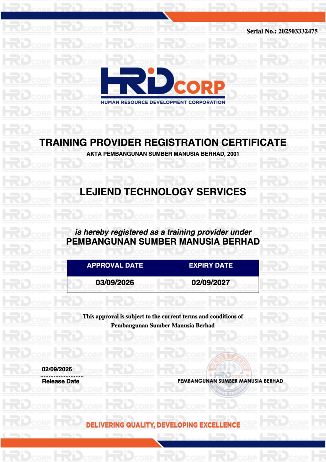 Lejiend Technology Services HRD Corp Training Provider Registration Certificate